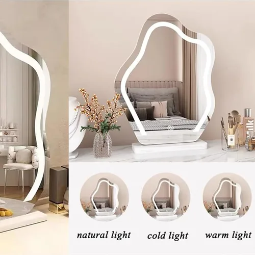 Vista 4 de Escritorio de tocador con luces, tocador de maquillaje con espejo, tocador con cajón grande, 3 modos de iluminación de brillo ajustable, juego