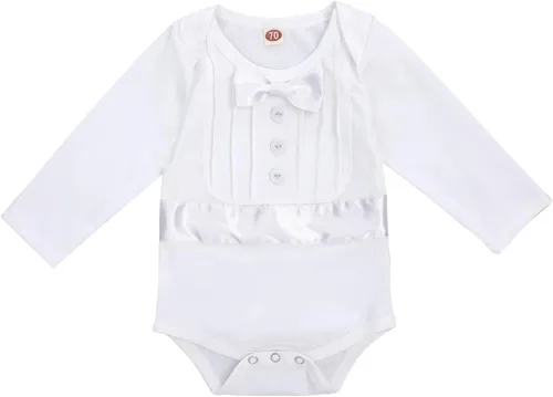 Vista 4 de IWEMEK Traje de bautizo para bebés y niños, con corbatín y tirantes, pantalones de esmoquin de boda, traje de caballero, anillo de portador Todo