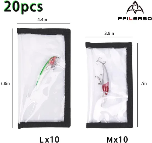 Vista 2 de 20 fundas para señuelos de pesca, 2 tamaños, transparentes, de PVC, grueso, para anzuelos de pesca, protegen a niños, mascotas y pescadores, a salvo