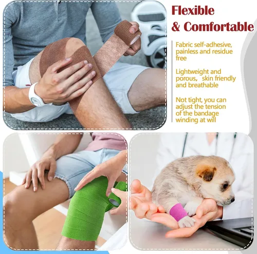 Vista 5 de Treela - Paquete de 64 vendajes autoadhesivos de 2 pulgadas x 5 yardas, colores surtidos Cohesive Flexible Wrap for Wrist Ankle Fingers