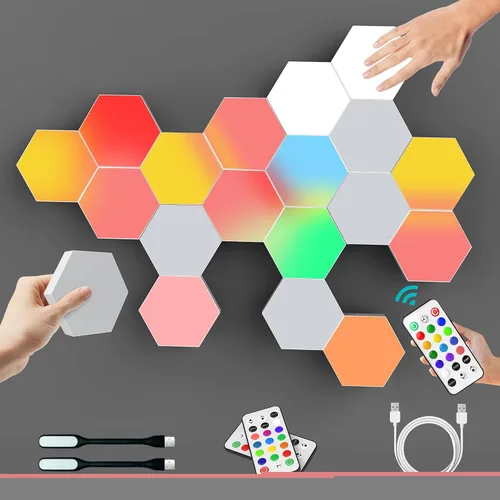 Vista 7 de Luces hexagonales, luces de pared hexagonales RGB con control remoto, paneles de pared hexagonales inteligentes, luces de pared LED conmovedoras