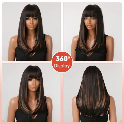 Vista 5 de Allbell - Peluca larga negra para mujer de longitud hasta los hombros, con flequillo, color negro mezclado con rubio, sintética natural, reemplazo