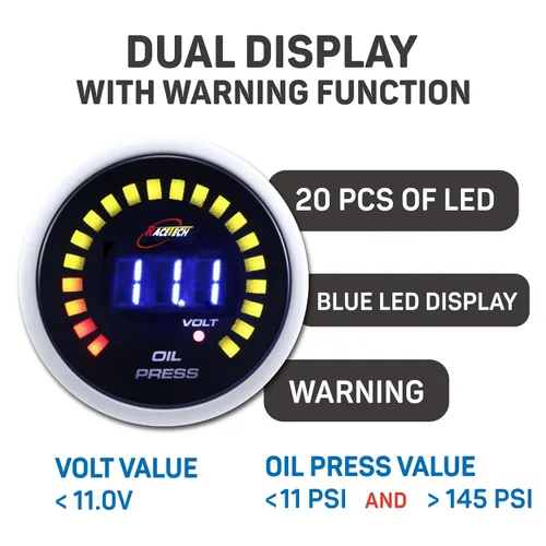 Vista 4 de RACETECH Medidor Digital Dual de Presión de Aceite y Voltímetro - 145 PSI, 8~18V - 52 mm 2-1/16" 20 LED Anillo Exterior Azul con Función
