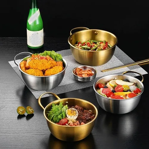 Vista 7 de Ensaladera redonda dorada de 6.7 pulgadas con asa para mezclar alimentos, pasta, salsas de frutas