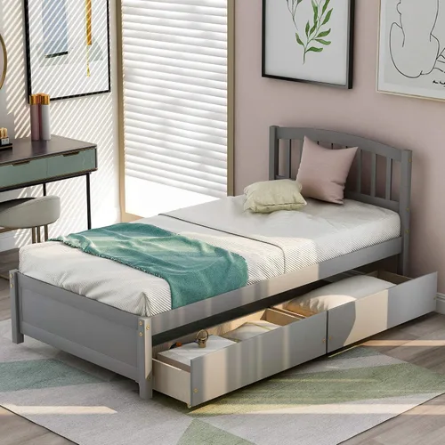Vista 3 de Harper & Bright Designs Cama de plataforma con 2 cajones de almacenamiento, marco de cama de madera maciza tamaño individual con cabecero, cama