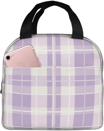 Vista 41 de Lonchera con diseño a cuadros azules aislada, bolsa térmica para almuerzo para adultos, niños, niñas, mujeres, oficina, trabajo, escuela, picnic