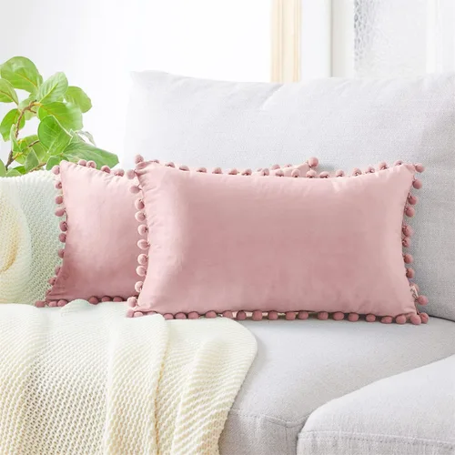 Vista 9 de Top Finel juego de 2 fundas decorativas con pompones para almohada euro, de terciopelo suave, lisas, para sofá, dormitorio o automóvil, 26 x 26 Rosa