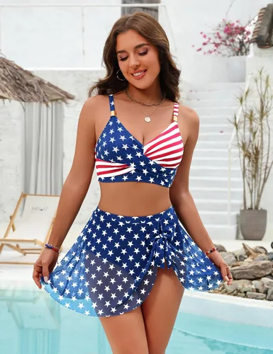 Vista 4 de Blooming Jelly Bikini de cintura alta para mujer con control de abdomen de Bandera estadounidense