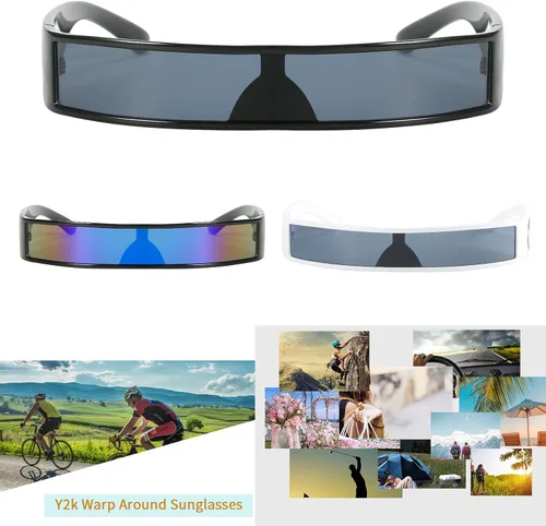 Vista 8 de Dollger Gafas de sol envolventes futuristas sin montura para mujeres y hombres, Y2k Fashion CyberPunk de una pieza, visera de cíclope espacial