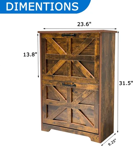 Vista 2 de Zapatero con 2 cajones abatibles, organizador de zapatos de madera ajustable con estante, armario de almacenamiento oculto para entrada, pasillo