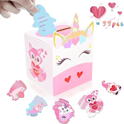 Vista 8 de Cajas de San Valentín, 33 tarjetas de unicornio para el día de San Valentín y buzón de San Valentín para intercambio de suministros de fiesta