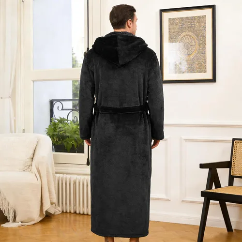 Vista 2 de U2SKIIN Bata de baño para hombre con capucha, bata de felpa gruesa de longitud completa, grande y alta Negro