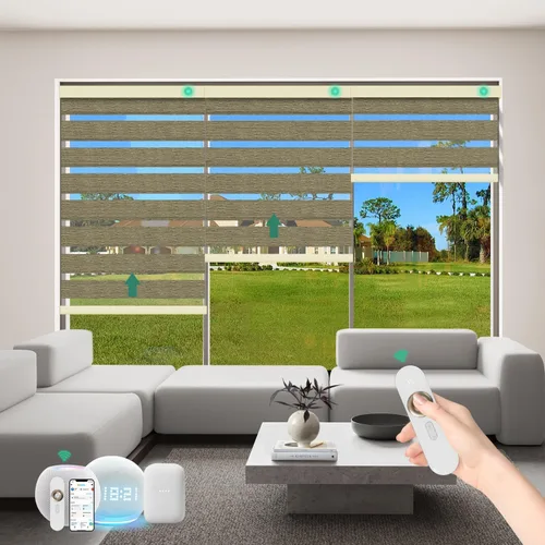 Vista 12 de Persianas motorizadas de cebra con control remoto [doble capa + filtro de luz] Persianas inteligentes 60% opacas para ventanas interiores