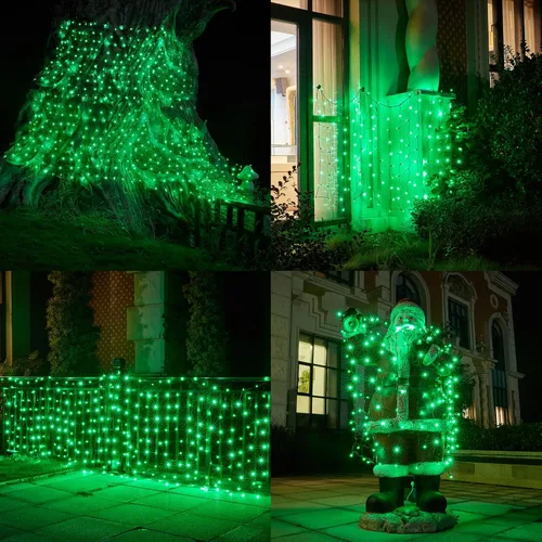 Vista 6 de Dirnun Red de luces LED de Navidad verde para exteriores, 160 LED de 5 x 7 pies, luz de malla de hadas impermeable para exteriores e interiores