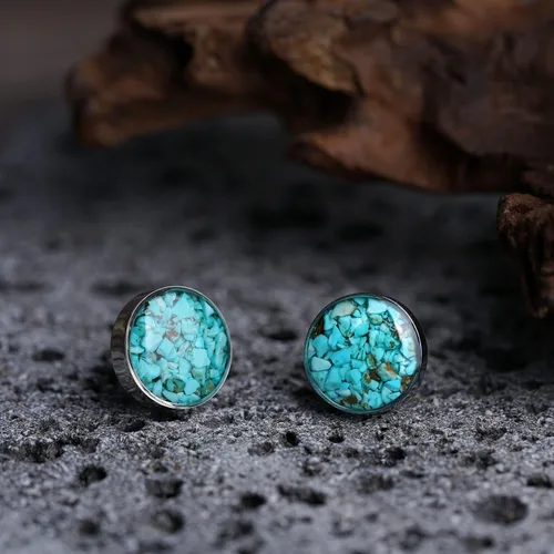 Vista 2 de Aretes redondos de piedra preciosa para mujer, delicados aretes de piedra pulida de malaquita y sodalita, hipoalergénicos, aretes de acero