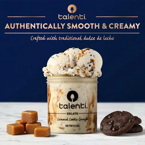 Vista 4 de Talenti Gelato para un delicioso postre congelado Caramelo Cookie Crunch hecho con ingredientes 1 pinta