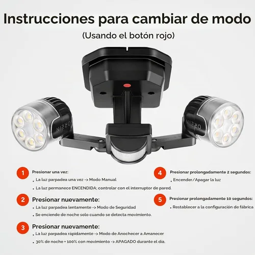 Vista 3 de OREiN Luz de seguridad con sensor de movimiento para exteriores, luz LED reflectora de doble cabeza ajustable, 3 modos