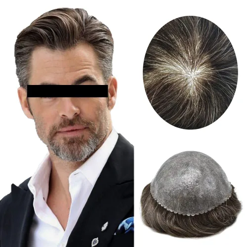 Vista 73 de Toupee para hombres Sistema de reemplazo de cabello humano real para hombres Completo PU Mens Hairpiece de aspecto natural para hombre piezas