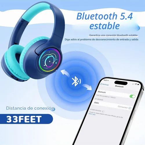 Vista 6 de Auriculares Bluetooth para niños con tiempo de reproducción de 85 horas Azul marino