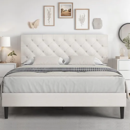 Vista 20 de HOMBCK Base de cama de tamaño individual con cabecera, base de cama tapizada con plataforma de lino para niños, base de cama de tamaño individual