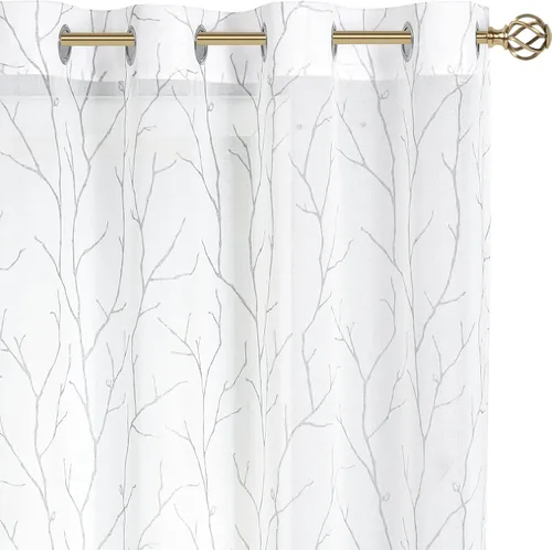 Vista 95 de BUHUA Cortinas pequeñas para ventana de 36 pulgadas de largo, 2 paneles, cortinas opacas con elegantes ramas de árbol plateadas, cortinas de bloqueo