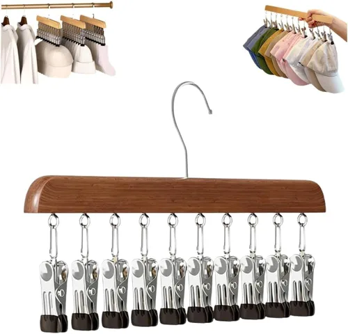 Vista 8 de Organizador de armario con 10 clips, organizador colgante de armario ajustable de madera para armario, colgador de pantalones de acero inoxidable