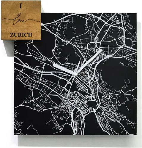 Vista 18 de Modern Wall Clock - Black Aluminum with Silver Fiber Laser Engraving - Square - Contemporary Design - Personalized City Map - Home Town - Location