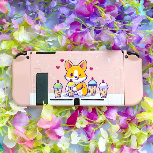 Vista 6 de BelugaDesign Corgi Boba - Estuche de transporte Protector blanco rosa pastel Lindas patas de té de burbujas de perro de anime Kawaii