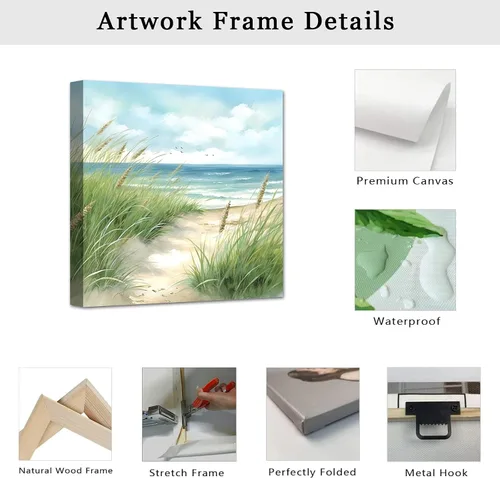 Vista 6 de LZIMU Arte de pared costero, silla de playa junto al mar, impresión en lienzo, pintura relajante de paisaje marino, arte de orilla relajante azul