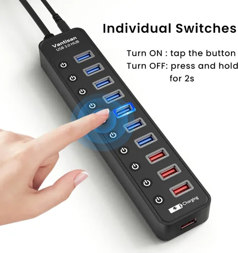 Vista 3 de vantisan Concentrador USB 3.0 alimentado, extensión divisor de concentrador USB de 11 puertos, 7 puertos de datos USB 3.0 + 4 puertos de carga