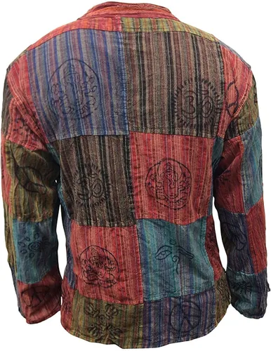 Vista 2 de Shopoholic Fashion Camisa hippie de rayas de patchwork para hombre, ropa bohemia hecha a mano del festival del verano