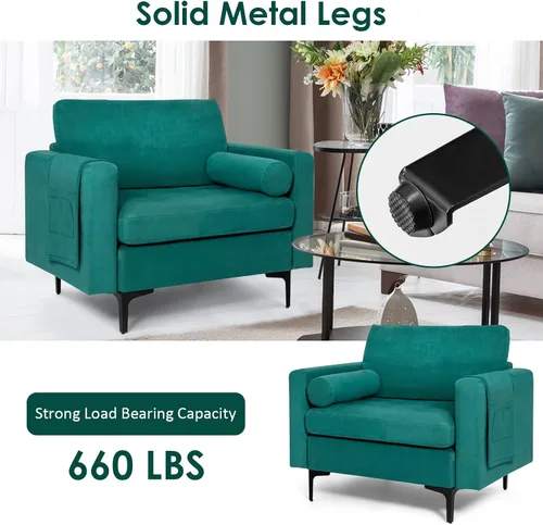 Vista 4 de KOMFOTT Sofá individual con refuerzo, moderna silla decorativa con reposabrazos, soporte para revistas, asiento de gran tamaño, cojín cómodo, sillón