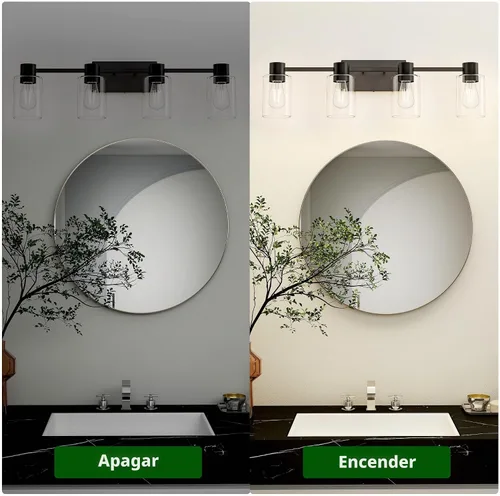 Vista 6 de Lámparas de tocador modernas de 4 luces sobre el espejo, lámparas de baño negro mate, luces de tocador, aplique de pared con pantalla de vidrio
