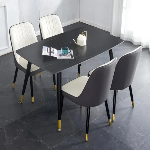 Vista 22 de Juego de 5 mesas de comedor modernas de piedra sinterizada de 50 pulgadas, mesa de cocina rectangular de mármol sintético con 4 sillas de piel