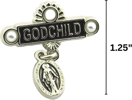 Vista 3 de Medalla Milagrosa Ahijado Bautismo Pin de solapa, regalos católicos de padrinos, incluye versículo Mateo 2819, 1 pulgadas, Zinc, Sin gemas.