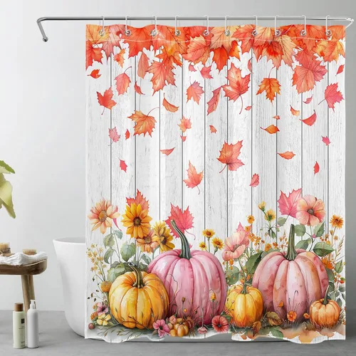 Vista 59 de HVEST Cortina de ducha con ganchos, calabaza espeluznante y fantasma con sombrero de bruja negro, juego de cortina de ducha naranja con flores