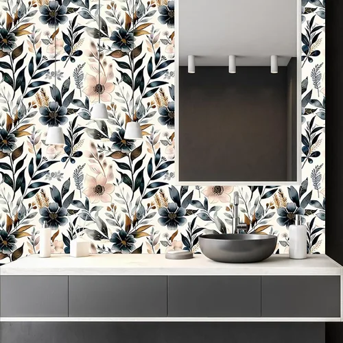 Vista 6 de Papel tapiz floral azul oscuro y rosa para despegar y pegar, papel tapiz vintage de hojas, fácil de despegar, autoadhesivo, extraíble, para armario