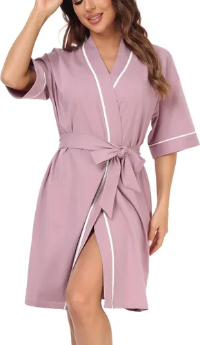 Vista 70 de COLORFULLEAF Bata de baño de manga corta para mujer, 100% algodón, longitud hasta la rodilla, con bolsillos