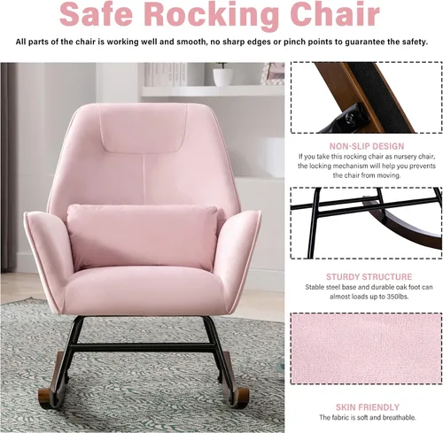 Vista 4 de Silla mecedora para el cuarto del bebé, sillón mecedor de terciopelo cargado, cómodo, silla mecedora moderna de madera maciza con patas para leer