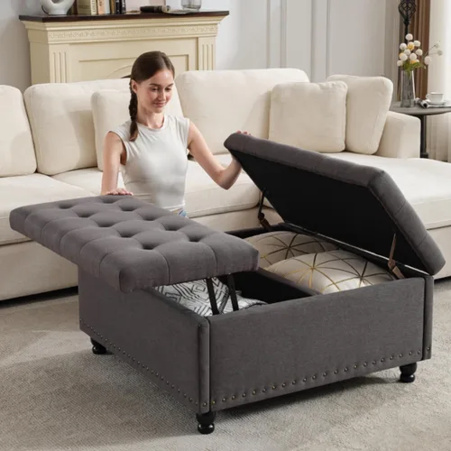Vista 5 de Tbfit Otomana cuadrada de almacenamiento de 35.5 pulgadas con parte superior elevable, mesa de centro tapizada y banco capitoné, caja de juguetes