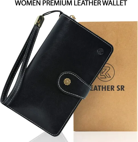 Vista 6 de Cartera de pulsera para mujer, gran capacidad con correa para la muñeca, piel auténtica, embrague triple RFID, bolso de pulsera negro, Negro