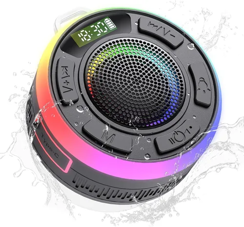 Vista 9 de Altavoz Bluetooth de ducha IPX7 impermeable, altavoces Bluetooth portátiles con ventosa y pantalla de tiempo, sonido de cristal y luz LED de graves