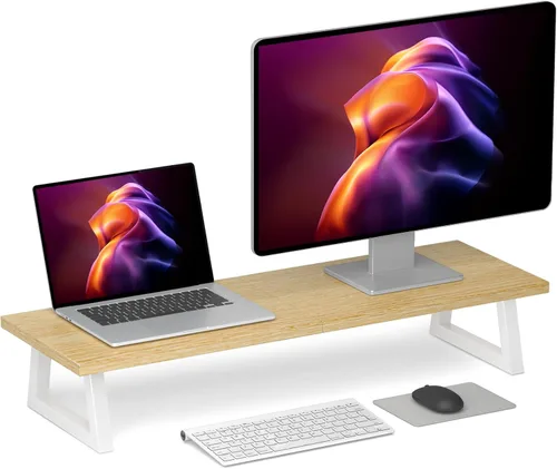 Vista 10 de TEAMIX Elevador de monitor doble de 31.5 pulgadas, soporte largo negro para monitor, soporte de TV ancho para 2 monitores, soporte de escritorio