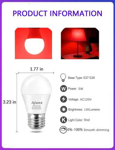 Vista 5 de Bombilla LED roja para dormir, regulable, 100% bloqueo de luz azul, 630 nm, bombillas de luz roja que promueven la melatonina, A15 5 W, base E26