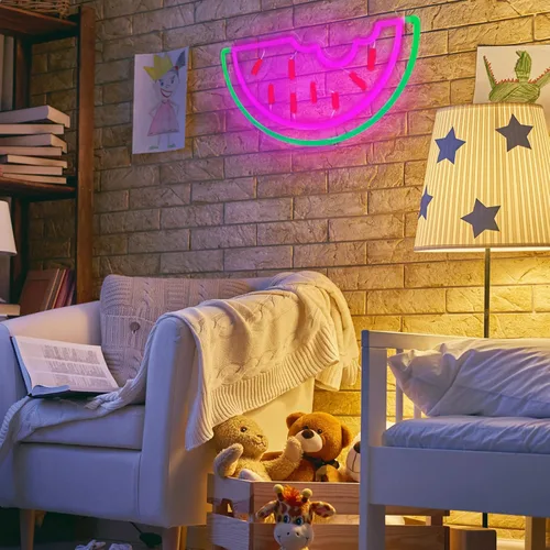 Vista 5 de Letrero de neón de sandía, funciona con USB, luz LED de neón acrílica, arte de frutas, letreros de luz LED decorativos para el hogar, dormitorio
