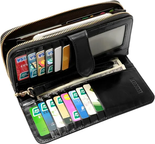 Vista 6 de Heshe Bolso de hombro de piel auténtica para mujer con asa superior bolso cruzado para oficina mujer y mujer cartera larga clip de dinero tarjetero