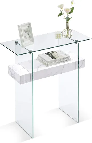 Vista 17 de ivinta Mesa consola de vidrio con almacenamiento, mesa de sofá moderna y estrecha de 31.5 pulgadas para espacios pequeños con estantes de madera