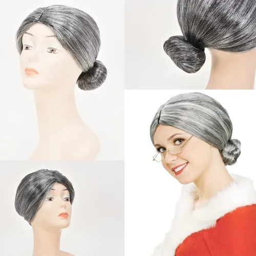 Vista 2 de 5 Pieces Old Lady Costume for Kids - 100th Day of School Grandma Costume for Kids Girls, Cosplay Set Granny Wig, Glasses with Chain, Wig Cap
