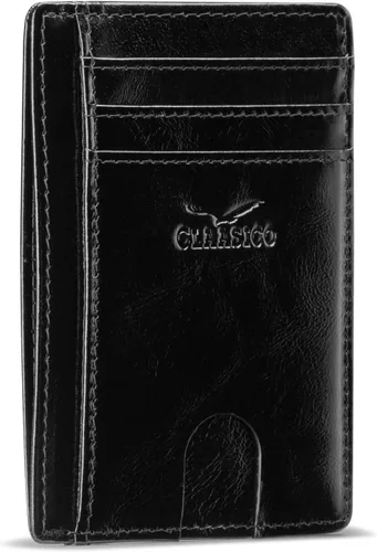 Vista 11 de Claasico Billetera pequeña de bolsillo frontal para hombre con bloqueo RFID, de cuero genuino, tarjetero