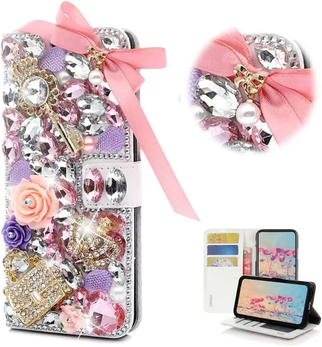 Vista 21 de Bling - Funda tipo cartera para teléfono compatible con Samsung Galaxy Z Fold 3 5G, elegante, hecha a mano en 3D con lazo de cristal, bolsa de rosa